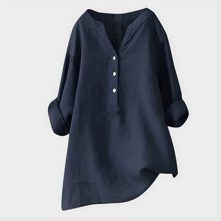 Veronique | Elegant Bluse i Bomull-Lin med V-Hals