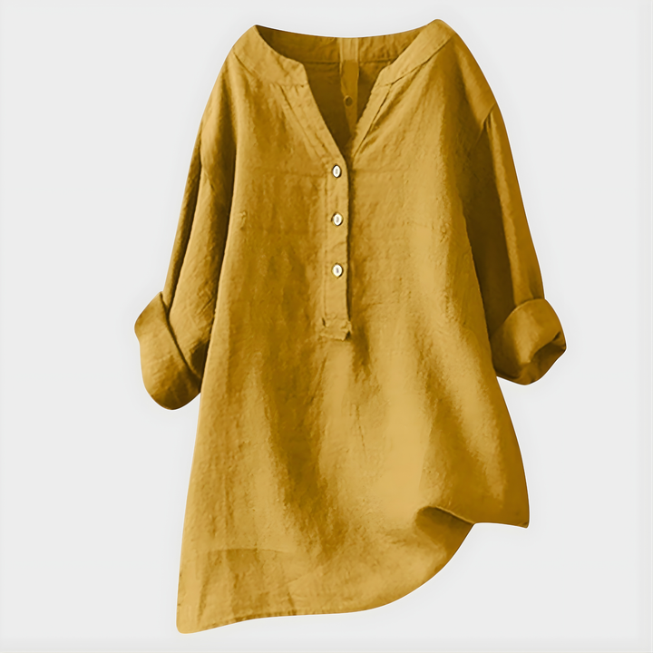 Veronique | Elegant Bluse i Bomull-Lin med V-Hals
