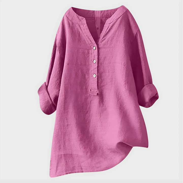 Veronique | Elegant Bluse i Bomull-Lin med V-Hals