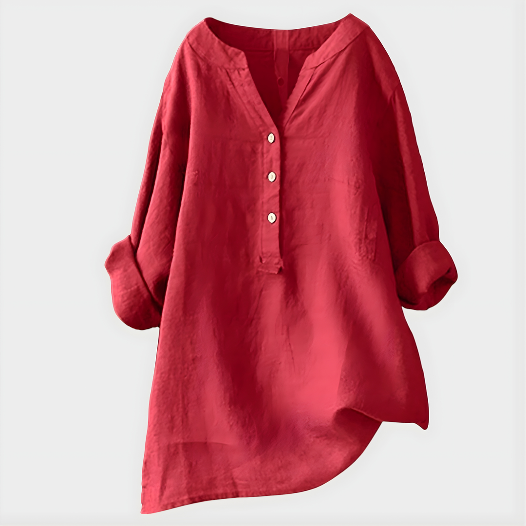 Veronique | Elegant Bluse i Bomull-Lin med V-Hals