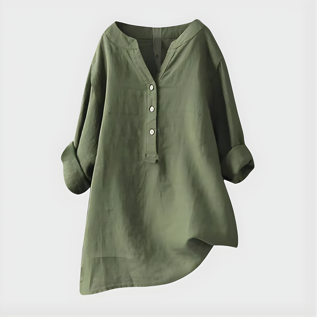Veronique | Elegant Bluse i Bomull-Lin med V-Hals