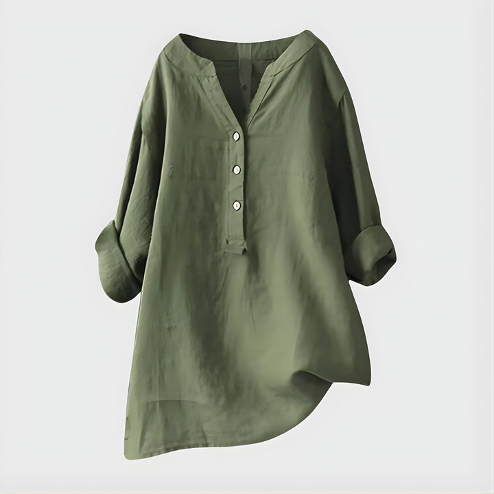 Veronique | Elegant Bluse i Bomull-Lin med V-Hals