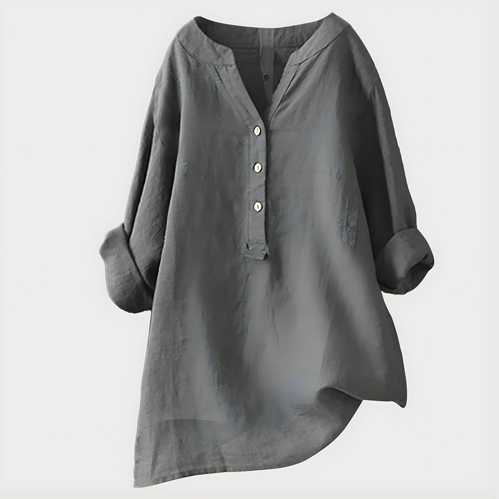 Veronique | Elegant Bluse i Bomull-Lin med V-Hals