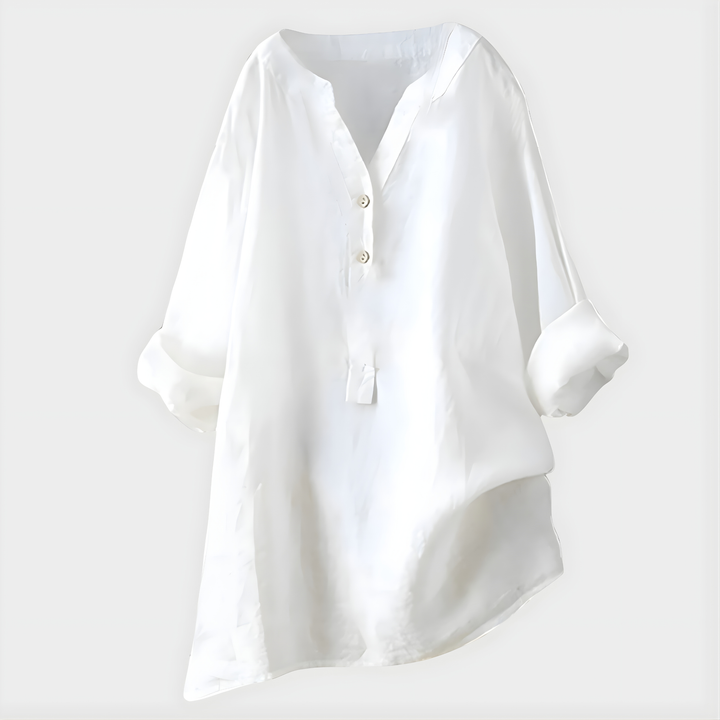 Veronique | Elegant Bluse i Bomull-Lin med V-Hals