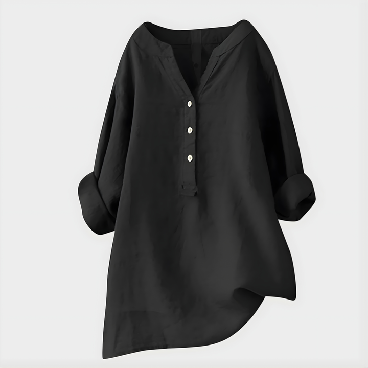 Veronique | Elegant Bluse i Bomull-Lin med V-Hals