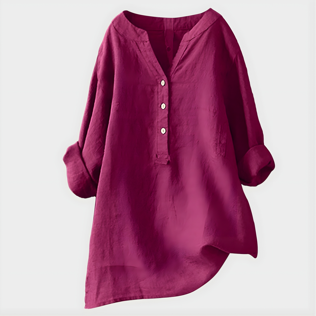 Veronique | Elegant Bluse i Bomull-Lin med V-Hals