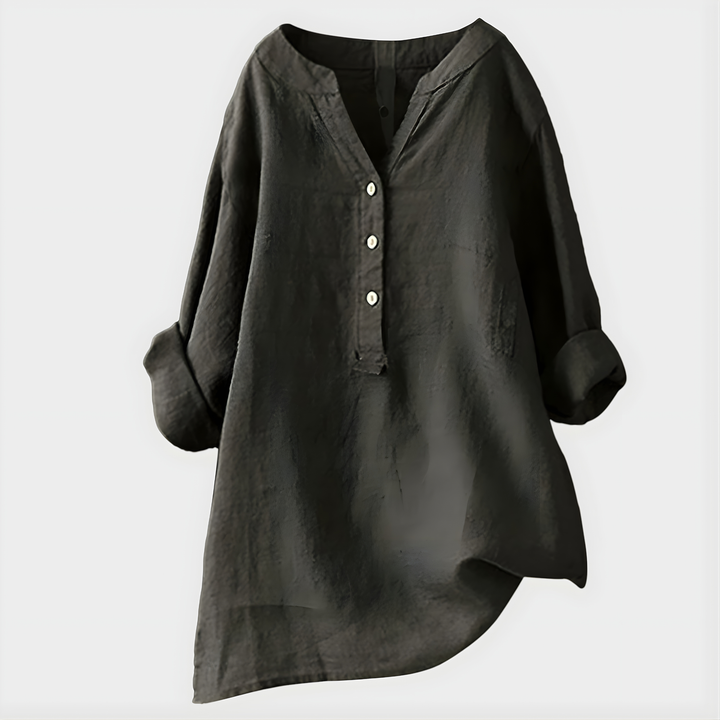 Veronique | Elegant Bluse i Bomull-Lin med V-Hals