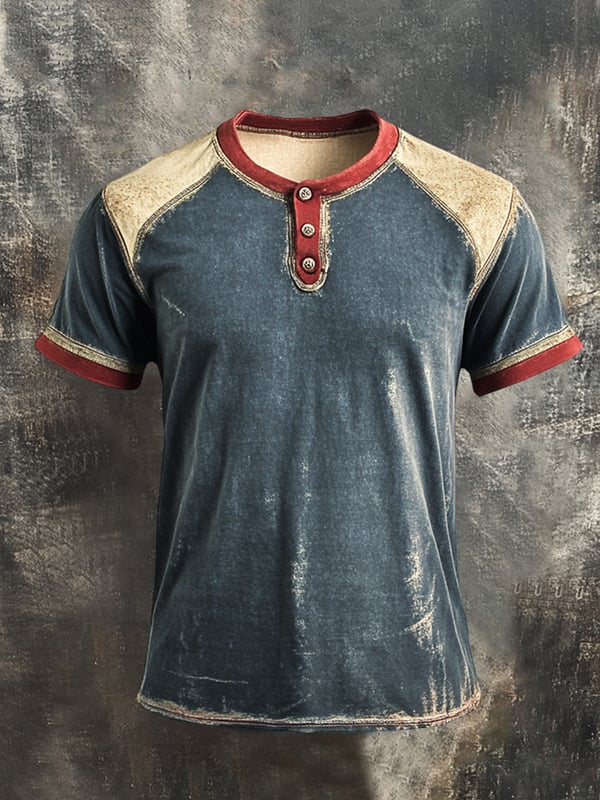 Kjetil | Herre T-skjorte med Henley-hals i retro fargeblokker og korte ermer