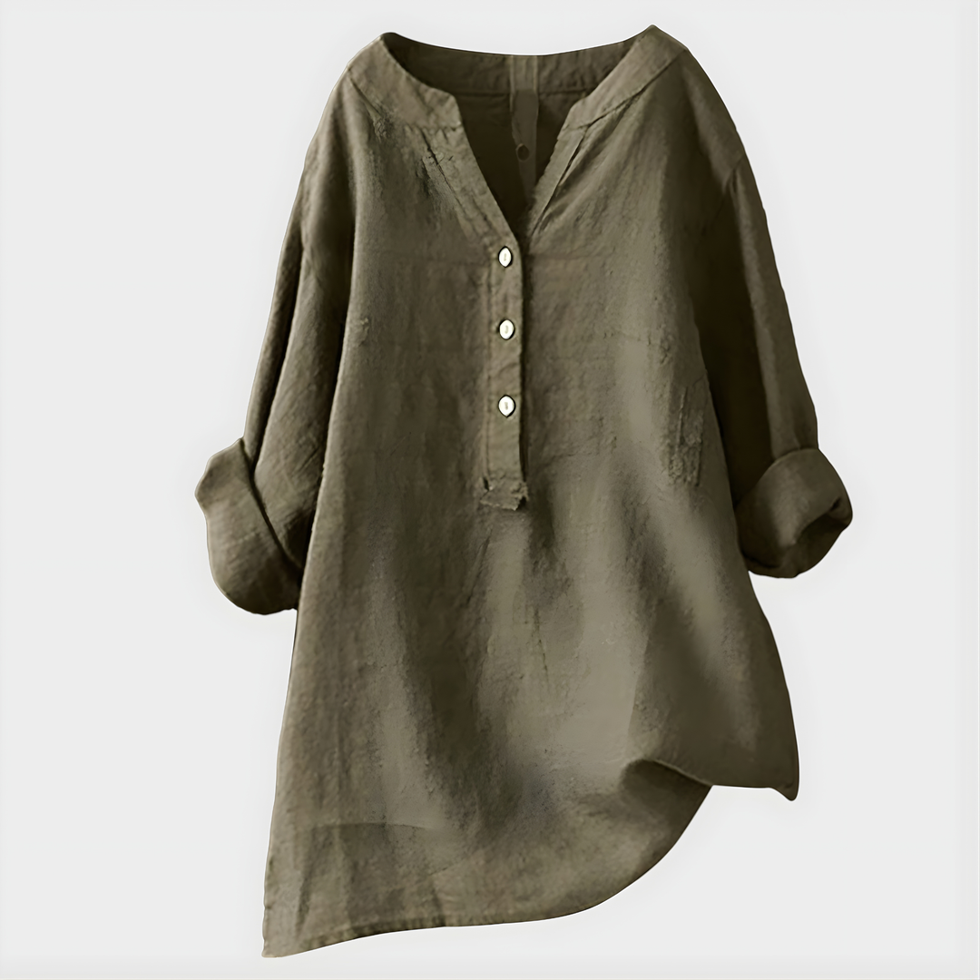 Veronique | Elegant Bluse i Bomull-Lin med V-Hals