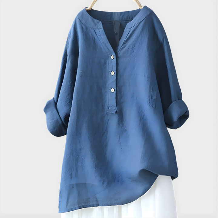 Veronique | Elegant Bluse i Bomull-Lin med V-Hals