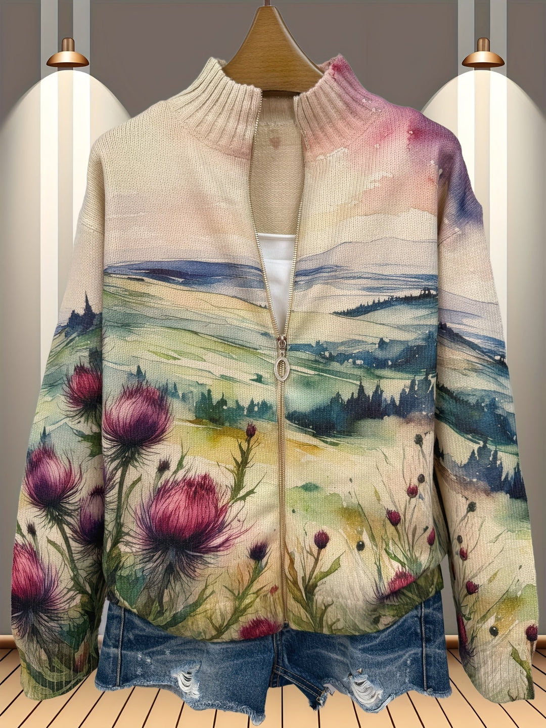 Zelda | Skotsk Tistel Landskap Zip Cardigan