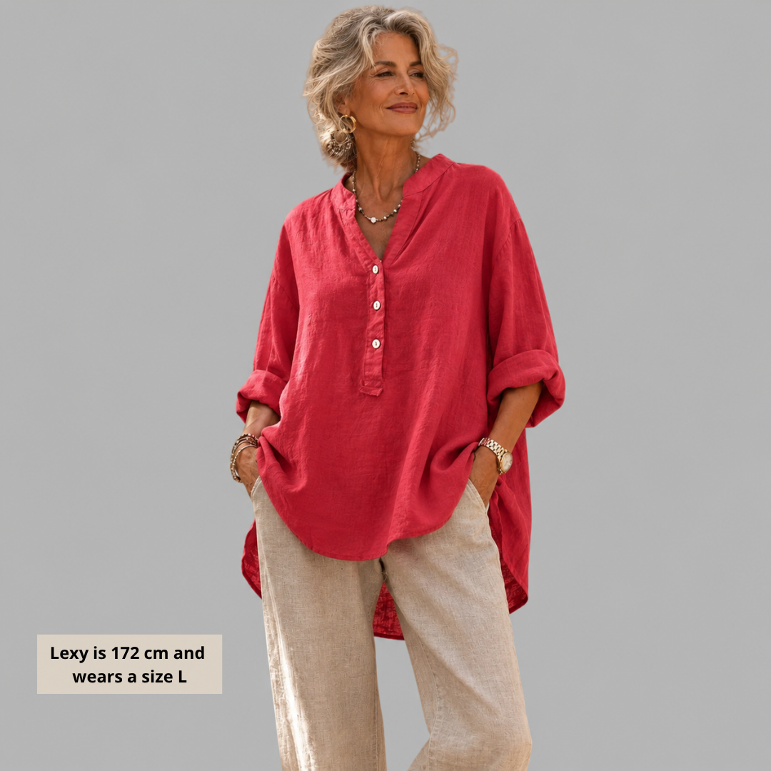 Veronique | Elegant Bluse i Bomull-Lin med V-Hals