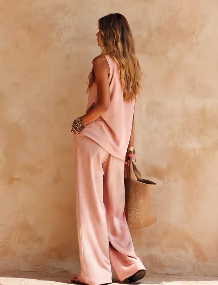 Sasha | Sett Casual Top Uten Ermer Rosa En-Skaft og Bukser