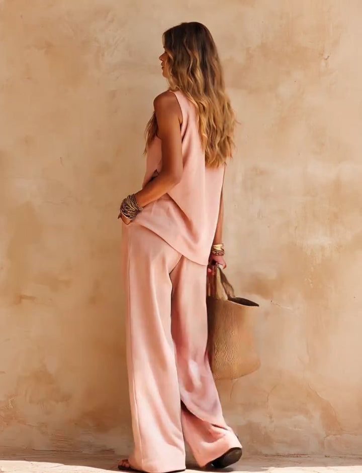 Sasha | Sett Casual Top Uten Ermer Rosa En-Skaft og Bukser